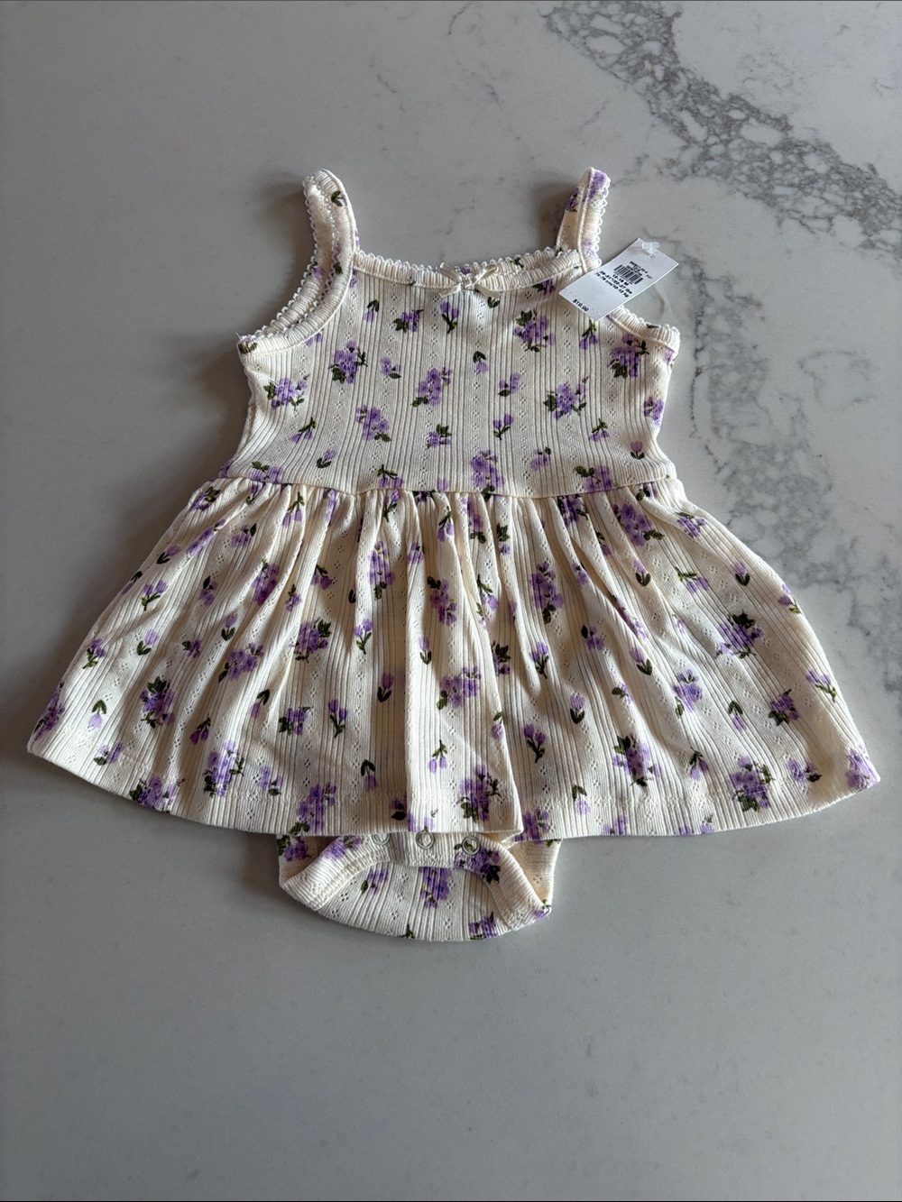 Old Navy Cream Floral Ribbed Tank Dress with Purple Blossoms